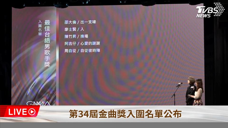 34屆金曲獎「最佳台語男歌手獎」入圍名單。（圖／TVBS）