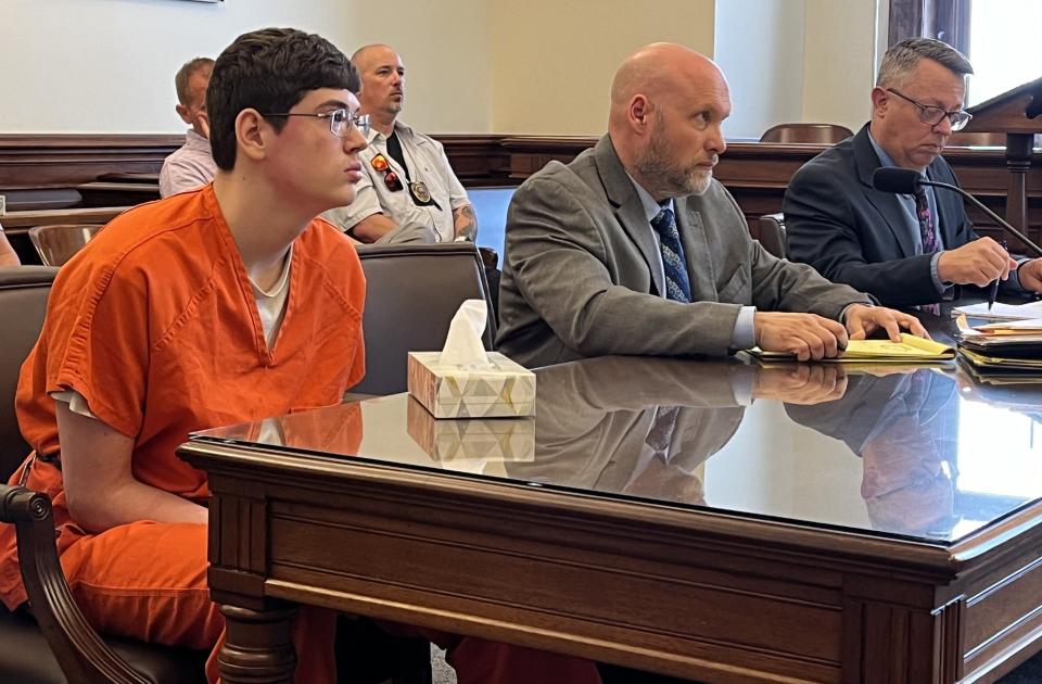 Gavin T. Kurtz, left, appears in Tuscarawas County Common Pleas Court Tuesday for sentencing in his involvement in a drive-by shooting. Also pictured are his defense attorney, Dan Guinn, and Prosecutor Ryan Styer.