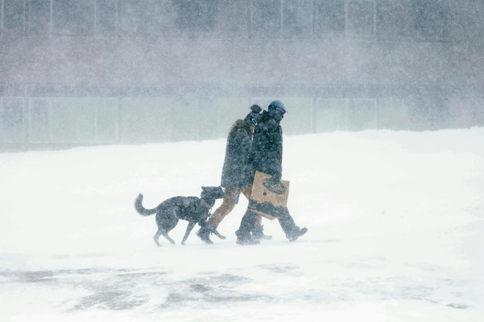 Two people walk with their dog as a blizzard hits Mammoth Lakes closing the mountain for skiers in the Eastern Sierra Nevadas of California, on Saturday.