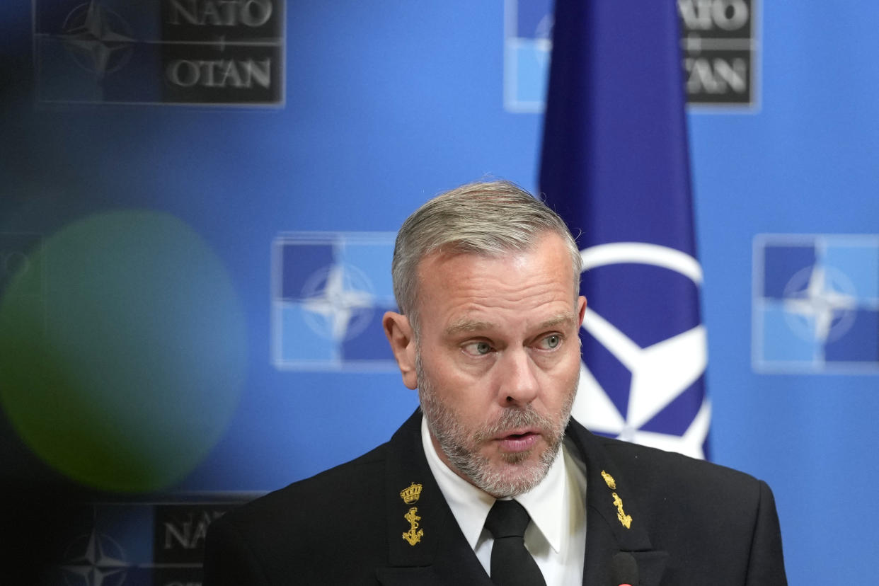 Chair of the NATO Military Committee Admiral Rob Bauer addresses a media conference at NATO headquarters in Brussels, Thursday, Jan. 18, 2024. Ukraine is locked in an existential battle for its survival almost two years into its war with Russia and Western armies and political leaders must drastically change the way they help it fend off invading forces, a top NATO military officer warned on Wednesday. (AP Photo/Virginia Mayo)