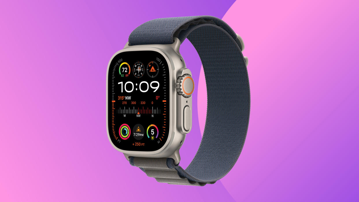  An Apple Watch Ultra 2 on a colourful background. 