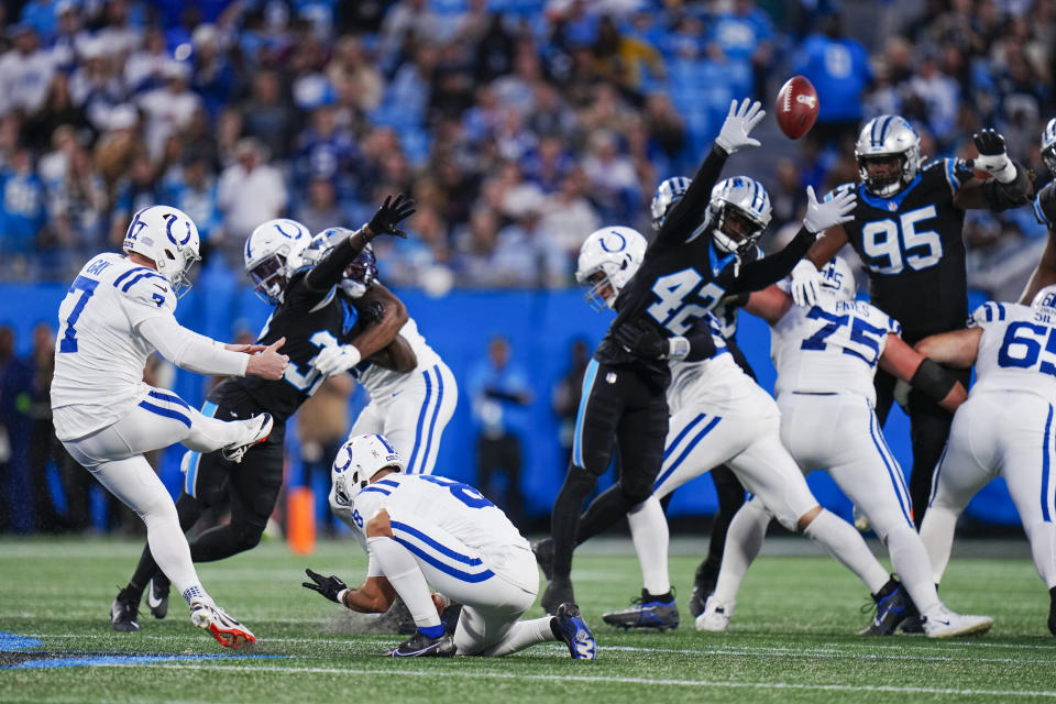 Indianapolis Colts place kicker Matt Gay kicks a field goal against the Carolina Panthers during the first half of an NFL football game Sunday, Nov. 5, 2023, in Charlotte, N.C. (AP Photo/Rusty Jones)