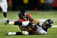 ATLANTA, GA - SEPTEMBER 17: Wide receiver Brandon Stokley #14 of the Denver Broncos catches a pass against defensive back Chris Owens #21 of the Atlanta Falcons during a game at the Georgia Dome on September 17, 2012 in Atlanta, Georgia. (Photo by Kevin C. Cox/Getty Images)