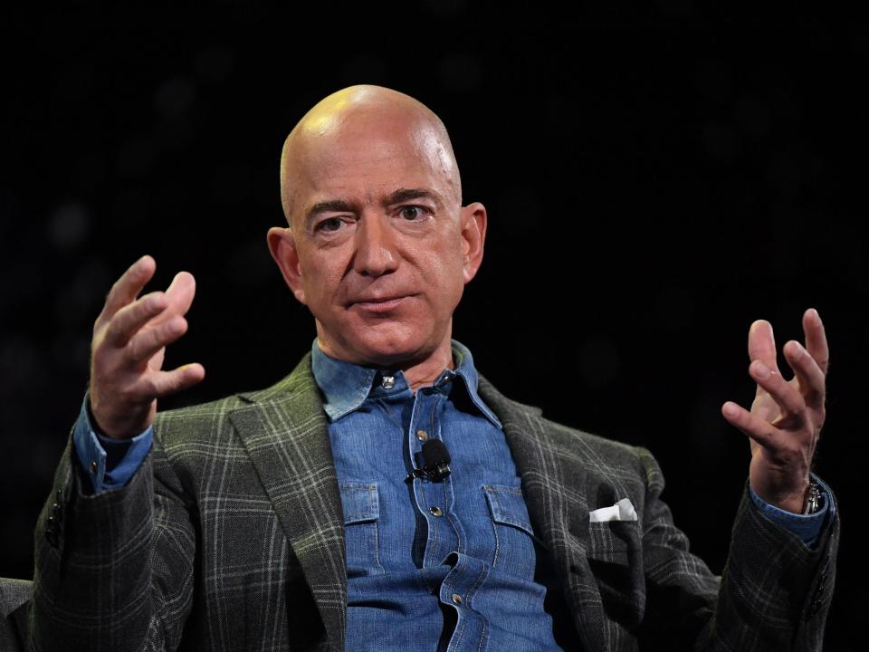 Amazon Founder and CEO Jeff Bezos addresses the audience during a keynote session at the Amazon Re:MARS conference on robotics and artificial intelligence at the Aria Hotel in Las Vegas, Nevada on June 6, 2019.