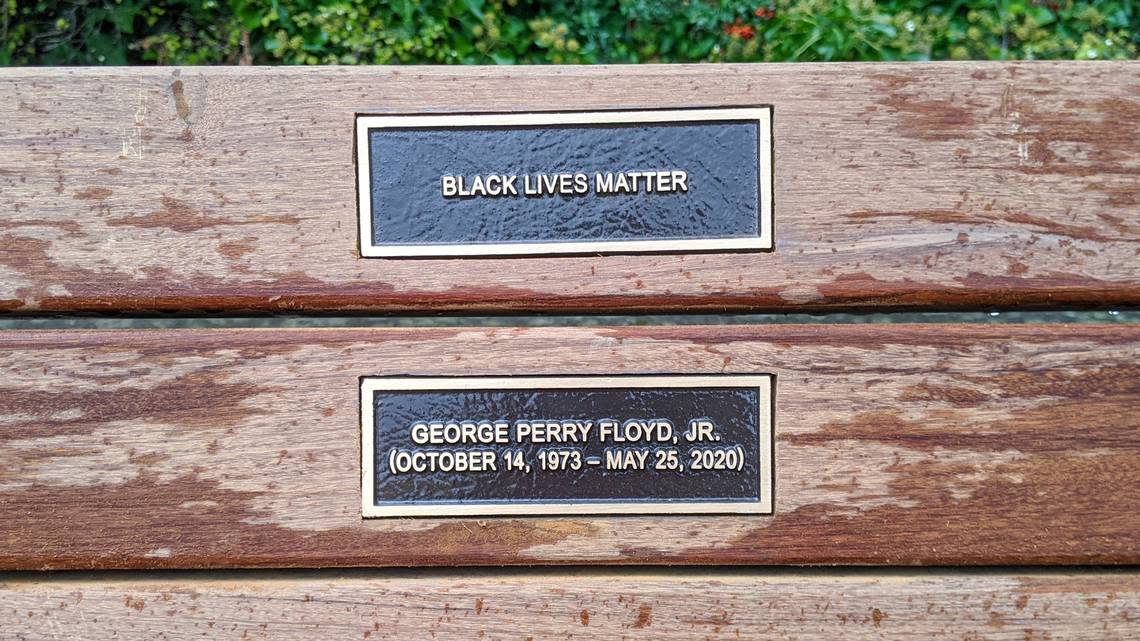 Bellingham Parks installed a permanent memorial to Black Lives Matter and George Floyd at Fouts Park, 1100 Ellsworth St. The bench, sponsored by Bellingham Unitarian Fellowship’s BLM Ministry Action Team, was dedicated Sunday, Nov. 6.