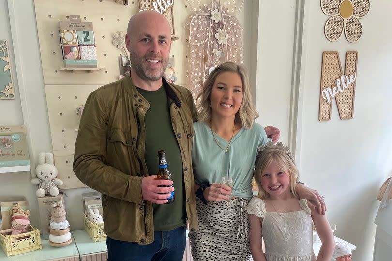 Tom Sullivan, Nichola Radcliffe and daughter Nellie celebrating the opening of their new premises in Huddersfield Road, Holmfirth -Credit:Nellie's Keepsake Co.