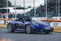 <p>This will be the last Porsche 718 Boxster and the most powerful yet. It takes 493bhp and 332lb ft from a GT3-based atmo 4.0-litre flat six with an ear-splitting 9000rpm redline. That’s mated to a “lightning-speed” seven-speed PDK automatic gearbox, all of which combine to propel the roadster from 0-62mph in just 3.4sec. It’s likely this £123,000 sports car will be one of the most popular cars at this year’s event. </p>