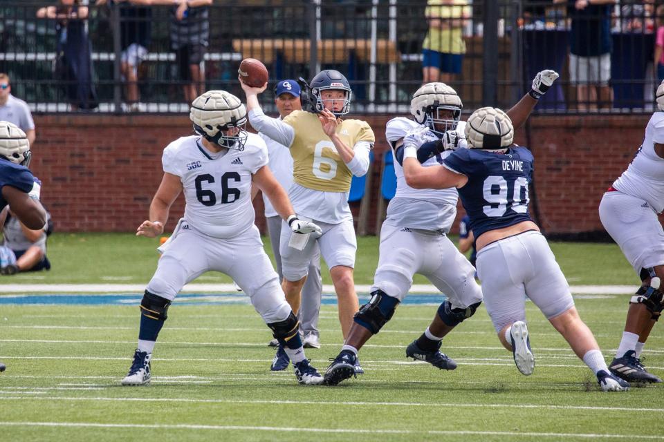 Georgia Southern quarterback Kyle Vantrease (6) drops back to pass during the Blue-White Spring Game on April 23, 2022 at Paulson Stadium in Statesboro.