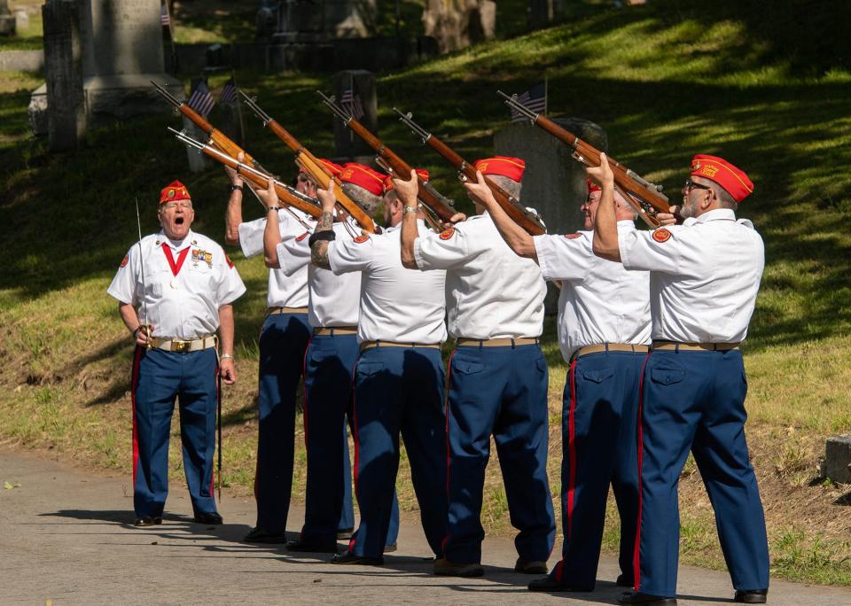 The Marine Corps League Worcester Detachment 144 fires a salute during city’s Memorial Day ceremony in Hope Cemetery Monday.