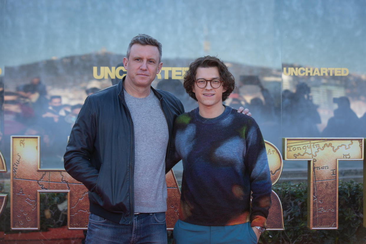 Ruben Fleischer and Tom Holland at a photocall for 'Uncharted' in Barcelona. (David Zorrakino/Europa Press via Getty Images)
