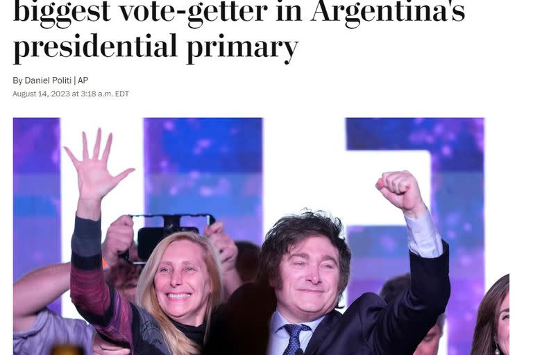 "El populista de extrema derecha Javier Milei es el que más votos obtuvo en las primarias presidenciales de Argentina", el título de The Washington Post, Estados Unidos