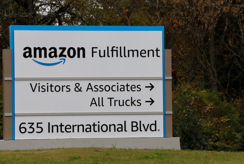 A sign at Amazon’s fulfillment center in the Town of Montgomery, NY, on Oct. 13, 2021.