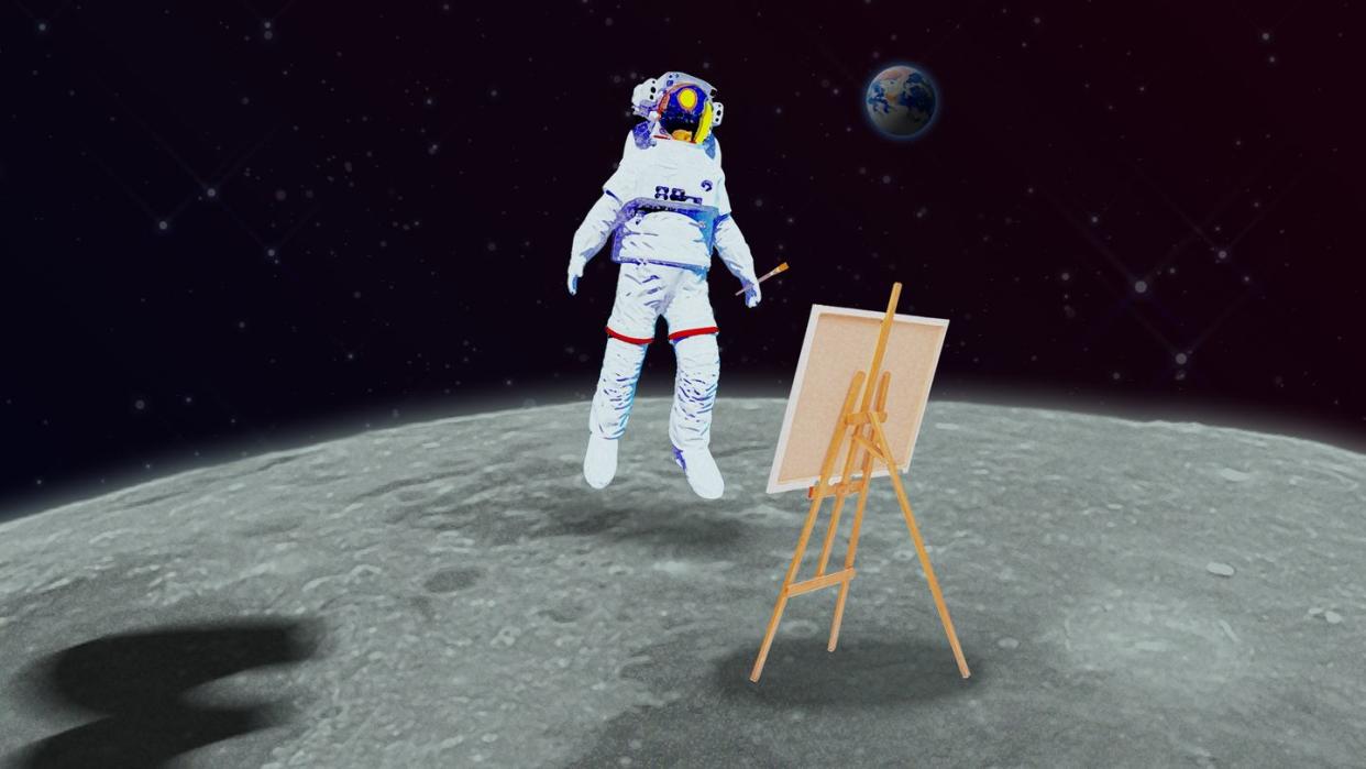 a person in a space suit on a surface with a sign