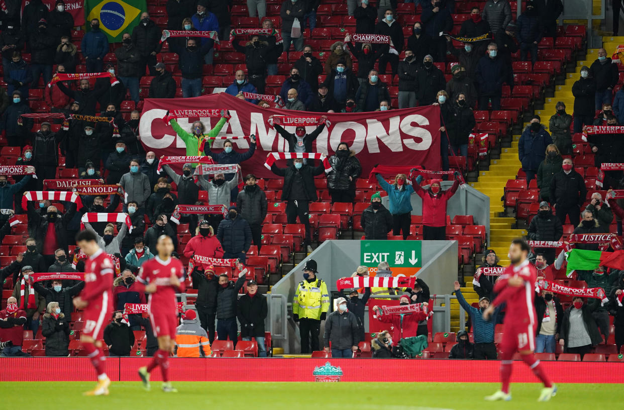 Liverpool fans inside the Anfield stadium.