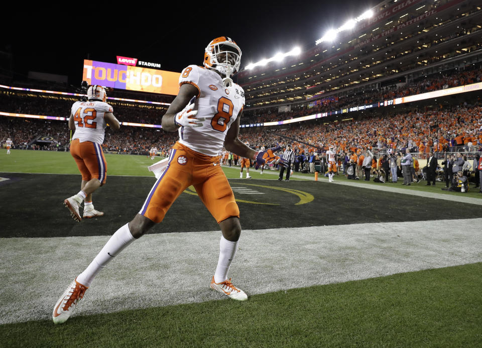 Clemson’s Justyn Ross celebrates his touchdown catch during the second half of the NCAA college football playoff championship game against Alabama Monday, Jan. 7, 2019, in Santa Clara, Calif. (AP Photo/David J. Phillip)