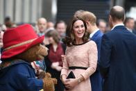 <p>Middleton shared a laugh with Paddington Bear at an event held at a London train station in 2017. The Duchess revealed a growing baby bump, as she was expecting her third child. </p>