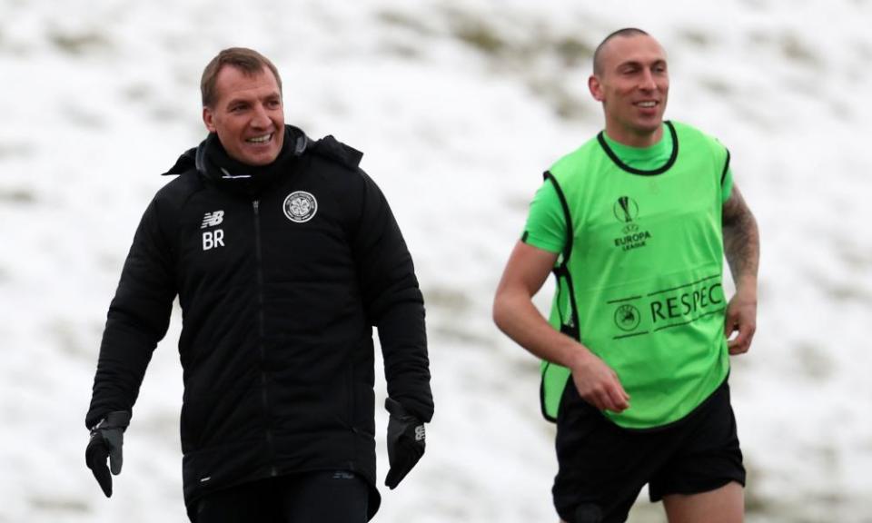 Celtic’s Brendan Rodgers and Scott Brown during training for the first leg against Zenit St Petersburg.