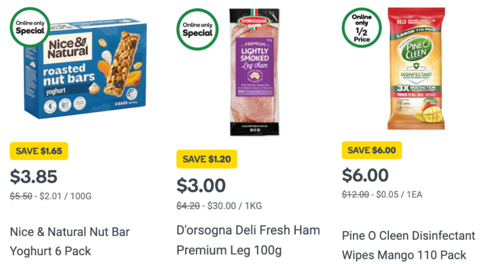 Woolworths specials online showing three products with discounts