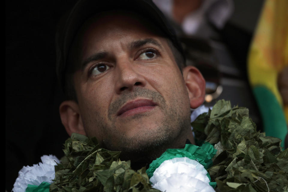 FILE - Luis Fernando Camacho, opposition leader and president of the Civic Committee Pro Santa Cruz, attends a rally with the coca leaf growers in La Paz, Bolivia, Nov. 7, 2019. Camacho, the opposition governor of Bolivia's most prosperous region, was taken to a hospital for tests on Sept. 6, 2023 after his health deteriorated during pre-trial detention in a prison where he has been serving since Dec. 2022 for alleged sedition and terrorism. (AP Photo/Juan Karita, File)