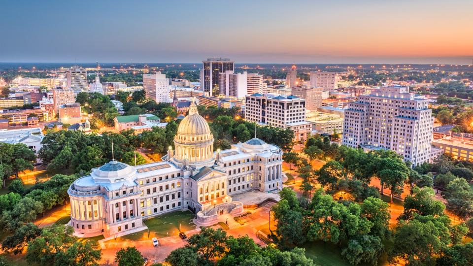 Jackson, Mississippi, USA cityscape at dusk.