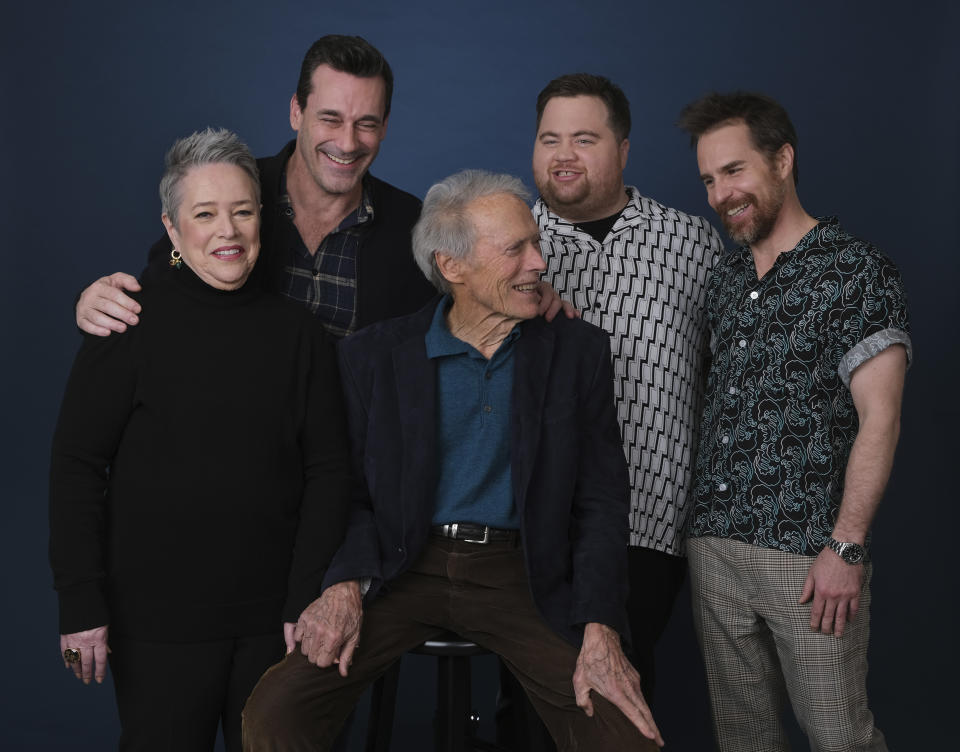 This Dec. 5, 2019 photo shows director Clint Eastwood, center, posing with cast members, from left, Kathy Bates, Jon Hamm, Paul Walter Hauser and Sam Rockwell during a portrait session to promote their film "Richard Jewell" at the Four Seasons Hotel in Beverly Hills, Calif. (AP Photo/Chris Pizzello)