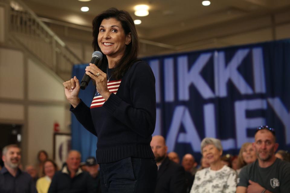 Republican presidential candidate Nikki Haley speaks at a town hall event in New Hampshire on April 26, 2023. <a href="https://www.gettyimages.com/detail/news-photo/republican-presidential-candidate-and-former-u-n-ambassador-news-photo/1485559320?adppopup=true" rel="nofollow noopener" target="_blank" data-ylk="slk:Spencer Platt/Getty Images;elm:context_link;itc:0;sec:content-canvas" class="link ">Spencer Platt/Getty Images</a>