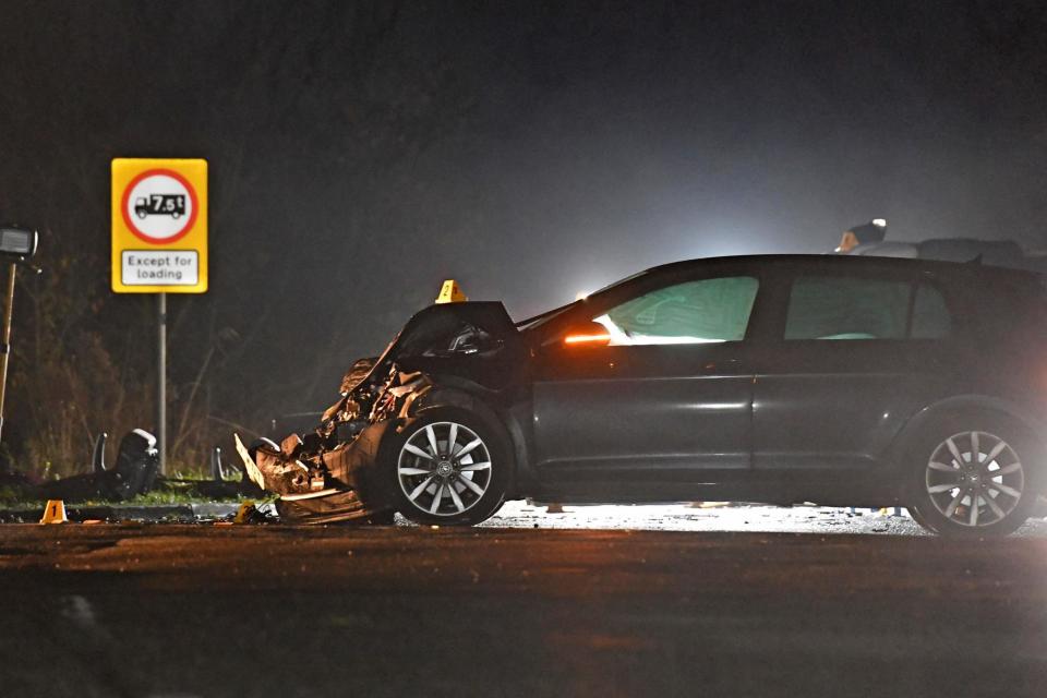 A car is seen with its frontage seriously damaged following the smash in Cambridgeshire on Thursday evening (PA)