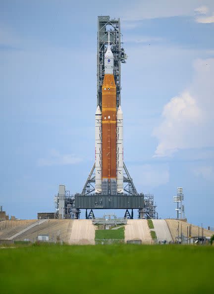 In this handout image provided by NASA, NASA's Space Launch System (SLS) rocket with the Orion spacecraft aboard is seen atop a mobile launcher at Launch Pad 39B as preparations for launch continue at NASA's Kennedy Space Center on August 28, 2022, in Cape Canaveral, Florida.