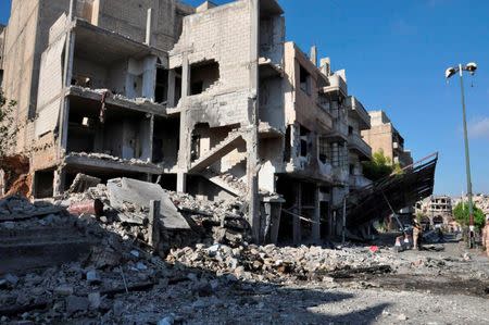 A general view shows the damage at a site of an explosion in Bab Tadmor in Homs, Syria in this handout picture provided by SANA on September 5, 2016. SANA/Handout via REUTERS