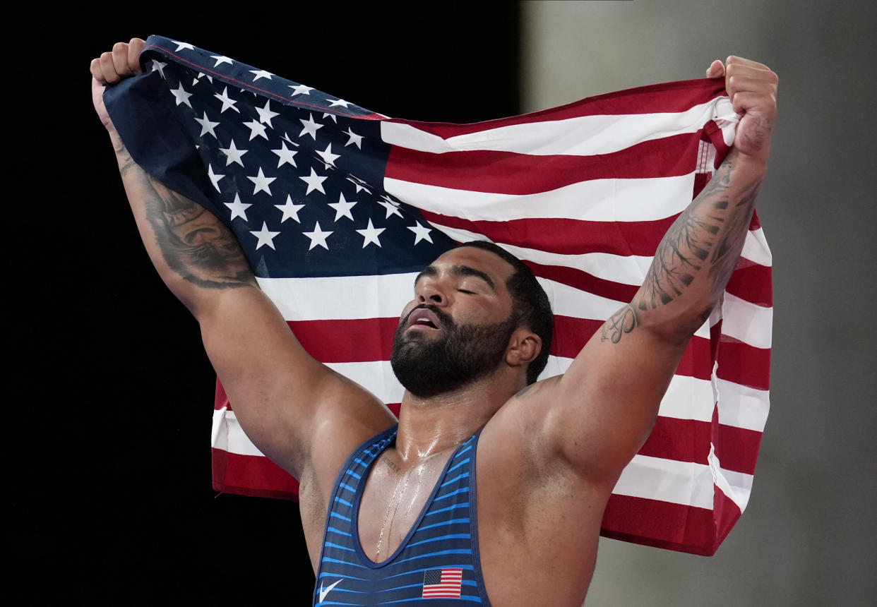 CHIBA, JAPAN AUGUST 6, 2021: Gold medalist USA's Gable Dan Steveson celebrates the golden medal after the men's freestyle 125kg wrestling competition during the Tokyo 2020 Olympic Games at the Makuhari Messe in Tokyo on August 6, 2021. ( (Photo by Stringer/Anadolu Agency via Getty Images)