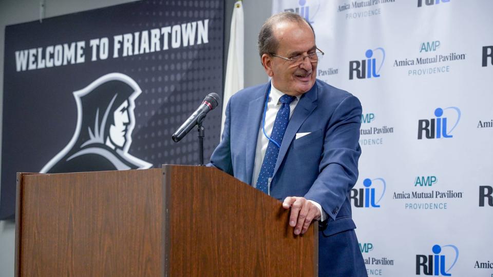 Larry Lepore, the R.I. Convention Center general manager, speaks at Friday's dedication of the Media Room to late Journal columnist Bill Reynolds.