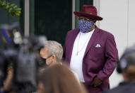 Cedric the Entertainer, host of Sunday's 73rd Primetime Emmy Awards, wears a mask as he waits to take the stage during the show's Press Preview Day, Wednesday, Sept. 14, 2021, at the Television Academy in Los Angeles. The awards show honoring excellence in American television programming will be held at the Event Deck at L.A. Live. (AP Photo/Chris Pizzello)