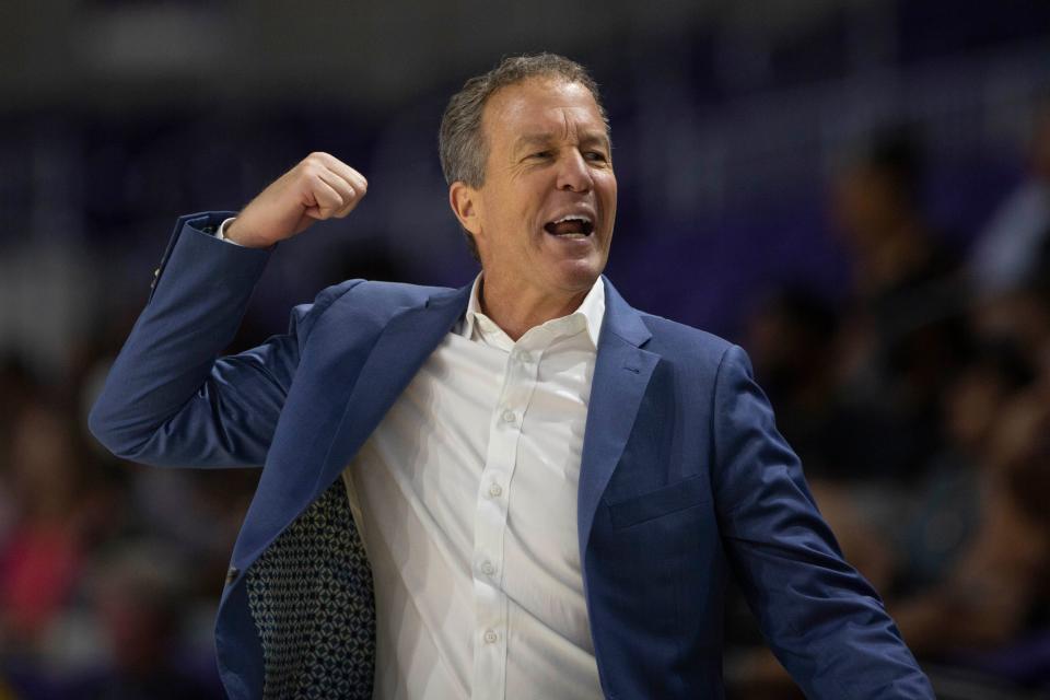 Montverde Academy's head coach Kevin Boyle reacts during the GEICO Nationals quarterfinal between AZ Compass Prep (Ariz.) and Montverde Academy (Fla.), Thursday, March 31, 2022, at Suncoast Credit Union Arena in Fort Myers, Fla.Montverde Academy defeated AZ Compass Prep 72-63.