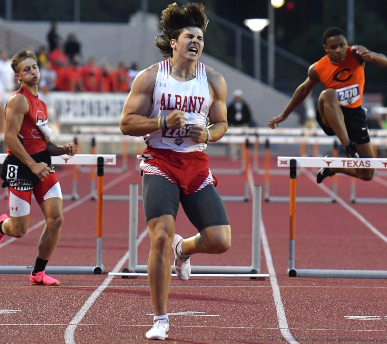 Albany's Adam Hill competes in the boys 300 hurdles during the Class 2A UIL State track and field meet on Friday, May 3, 2024 at Mike A. Myers Stadium in Austin.