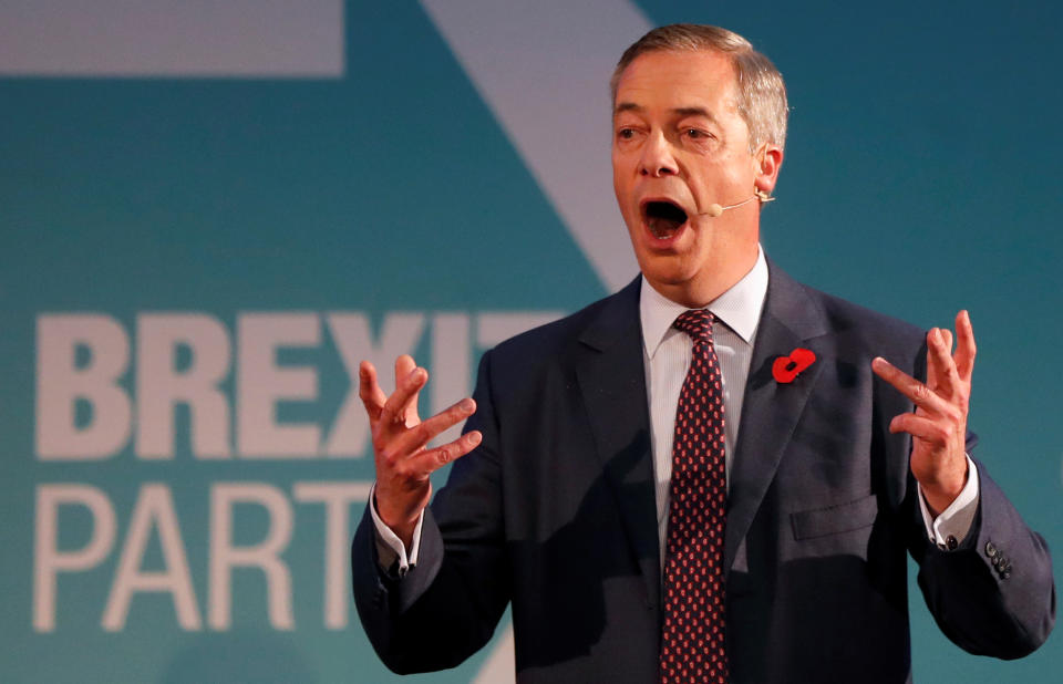 Brexit Party leader Nigel Farage speaks at an event, where the Brexit Party is introducing 600 parliamentary candidates running in the general election, in London, Britain November 4, 2019. REUTERS/Yara Nardi