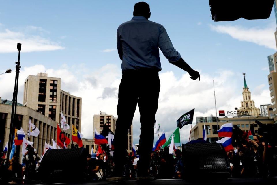 Russian opposition leader Alexei Navalny attends a rally in support of opposition and independent candidates after authorities refused to register them for September elections to the Moscow City Duma, on July 20, 2019 in Moscow, Russia. (Sefa Karacan/Anadolu Agency via Getty Images)