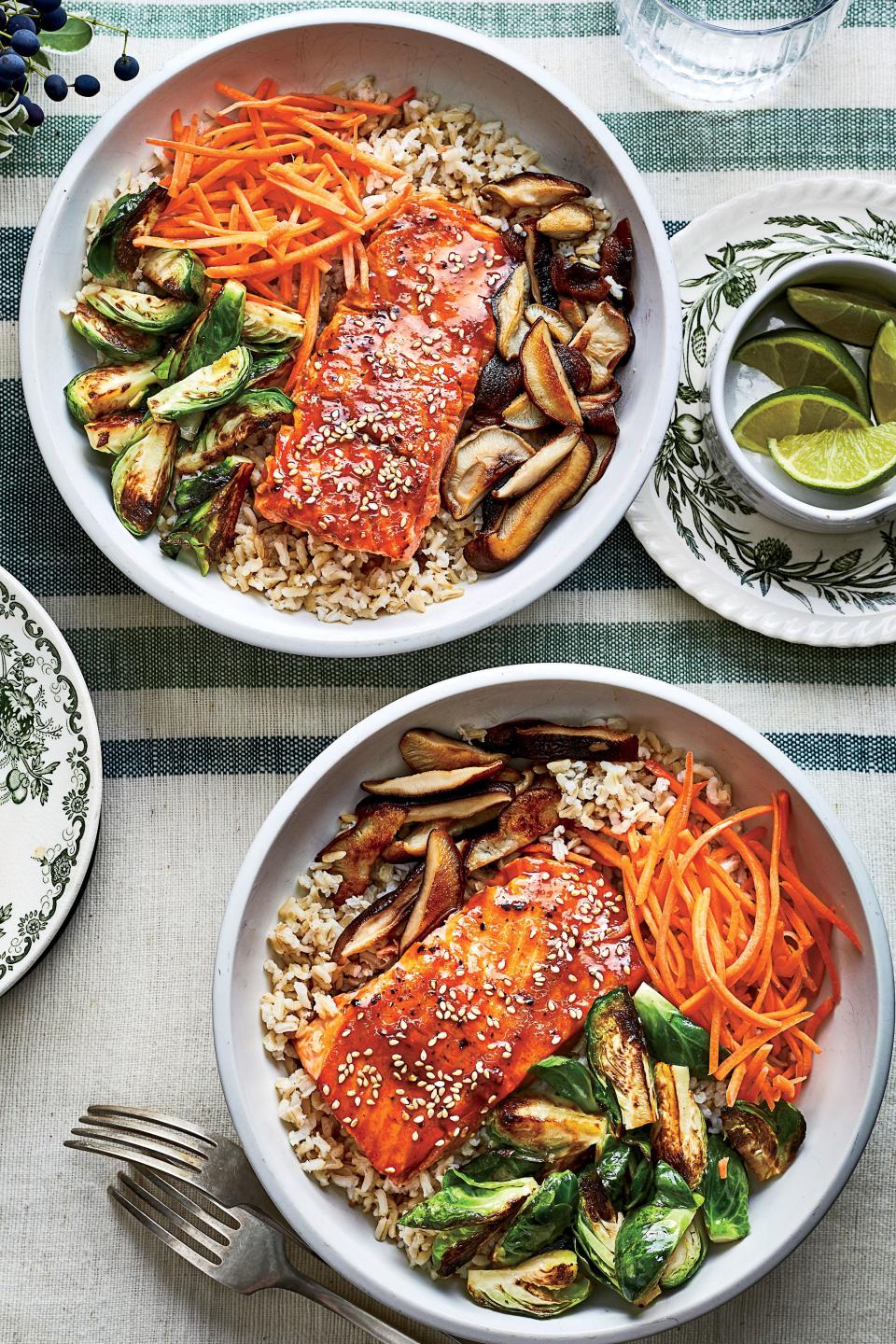 Teriyaki Salmon Bowls with Crispy Brussels Sprouts