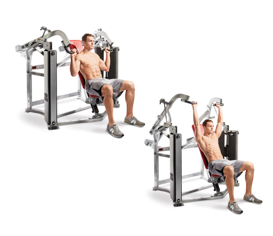 How to do it:<ul><li>Adjust the seat of a shoulder press machine so that the handles are at shoulder level.</li><li>If you have shoulder problems, and if your machine allows it, grasp the handles so your palms face each other.</li><li>Otherwise, grasp them with palms facing forward as normal.</li><li>Make sure your elbows track in a normal pressing path as you press the handles overhead.</li></ul>