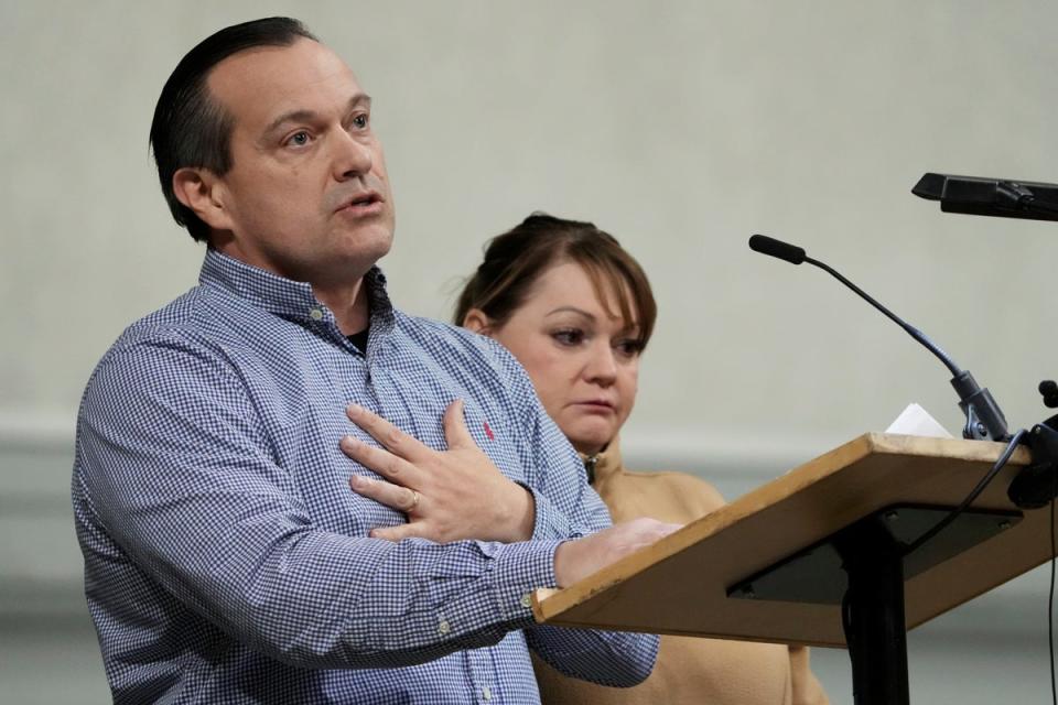 Steve Goncalves talks about his daughter, Kaylee Goncalves, at a vigil (AP)