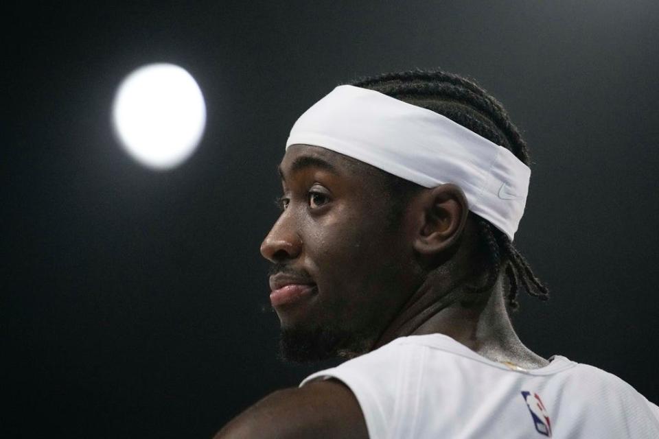 Cleveland Cavaliers' Caris LeVert watches during the NBA basketball game between Brooklyn Nets and Cleveland Cavaliers, at the Accor Arena in Paris, Thursday, Jan. 11, 2024. (AP Photo/Christophe Ena)