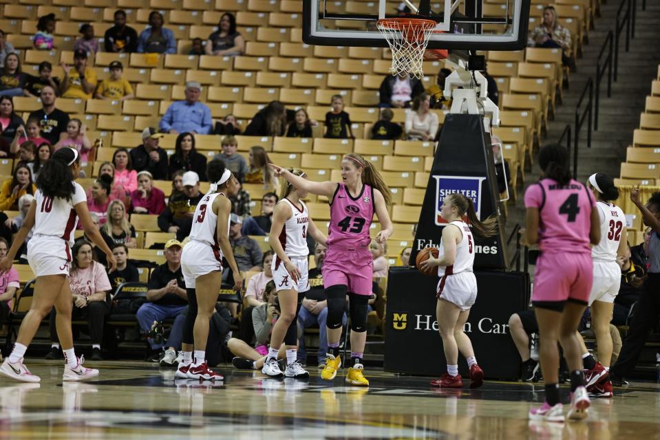 Missouri forward Hayley Frank (43) points to a teammate after a made basket during the Tigers' 76-69 loss to Alabama on Feb. 5, 2023, at Mizzou Arena in Columbia, Mo.