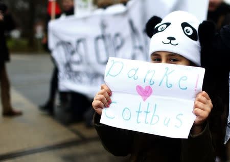 A child holds placard during the demonstration against discrimination of migrants in Cottbus, Germany February 3, 2018. Sign reads "Thank you Cottbus!". REUTERS/Hannibal Hanschke