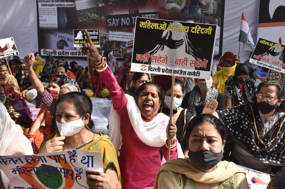 Delhi Pradesh Congress Committee members protest against atrocities against women from minority communities in the country, November 5, 2020 in New Delhi, India. / Credit: Sanjeev Verma/Hindustan Times/Getty