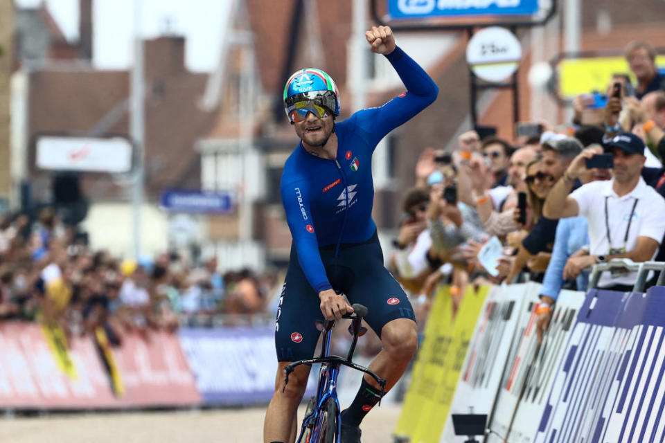 Italian Filippo Ganna of Ineos Grenadiers celebrates after winning during the time trial race 433 km from KnokkeHeist to Brugge as part of the Mens Elite as part of the UCI World Championships Road Cycling Flanders 2021 in Bruges on September 19 2021  UCI World Championships Road Cycling Flanders 2021 takes place from September 19 until September 26 2021 in several cities in the Belgian region of Flanders   Belgium OUT Photo by KURT DESPLENTER  BELGA  AFP  Belgium OUT Photo by KURT DESPLENTERBELGAAFP via Getty Images