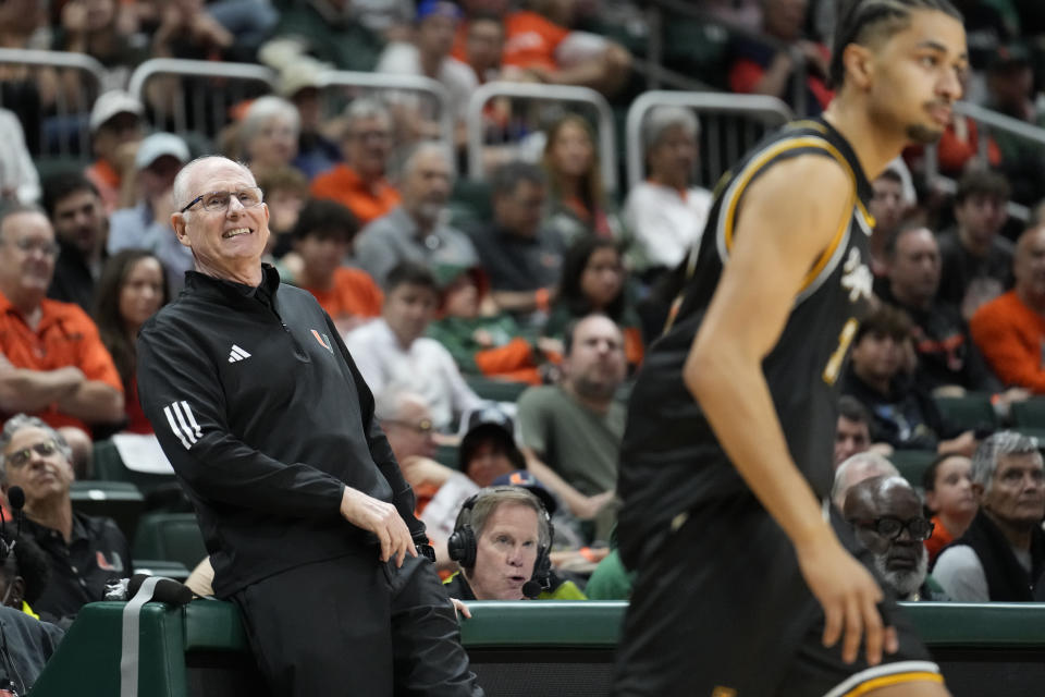 Miami head coach Jim Larranaga reacts during the first half of an NCAA college basketball game against La Salle, Saturday, Dec. 16, 2023, in Coral Gables, Fla. (AP Photo/Rebecca Blackwell)