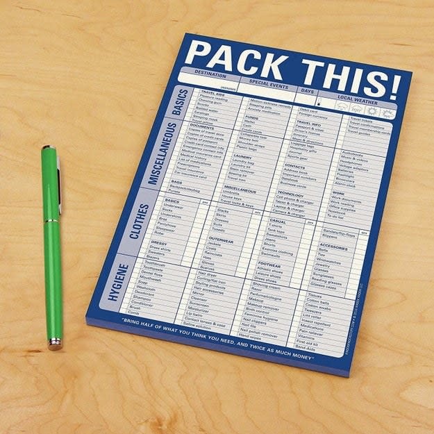 packing checklist that says pack this with a bunch of things listed