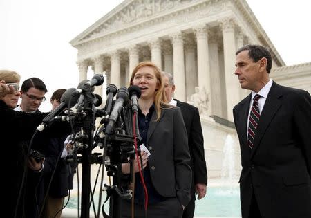 FILE PHOTO: Abigail Fisher, the plaintiff in Fisher v. Texas, speaks outside the U.S. Supreme Court in Washington December 9, 2015. REUTERS/Kevin Lamarque