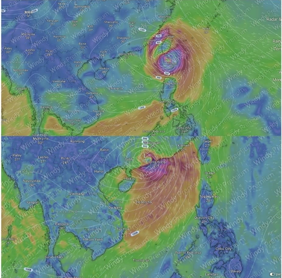 天文台預測，下周本港可能再受颱風吹襲，但歐美預報系統預測路徑有別。 （天氣預報網站Windy.com 畫面截圖）