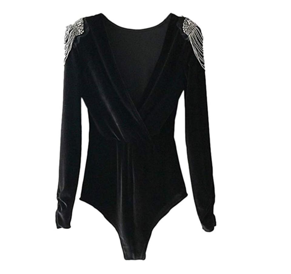 If you love a good bodysuit, you can&rsquo;t skip t<a href="https://amzn.to/38XIZzk" target="_blank" rel="noopener noreferrer">his velvet style that comes in gorgeous jewel-toned holiday colors</a>. Pair it with <a href="https://amzn.to/2YZ2GCa" target="_blank" rel="noopener noreferrer">this sparkly sequined mini skirt</a>&nbsp;for the perfect holiday look. Get them on Amazon.