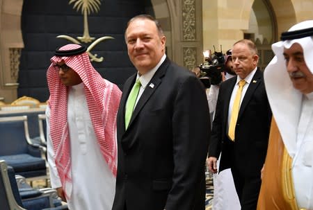 U.S. Secretary of State Mike Pompeo walks after stepping off his plane upon arrival at King Abdulaziz International Airport in Jeddah